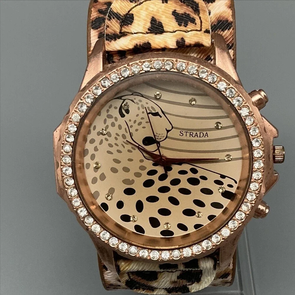 Strada Womens Watch 45mm Rose Gold Tone Cheetah Dial Leopard Strap New Battery